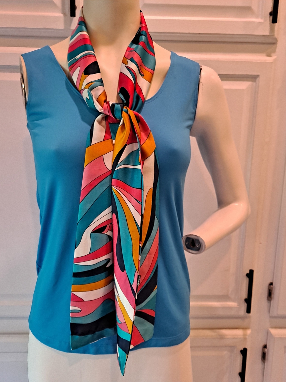 Vibrant Multicolor Retro Abstract Silky Scarf Teal Pink Mustard Headscarf Belt